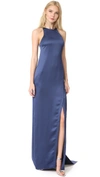 HALSTON HERITAGE HIGH NECK SATIN GOWN WITH BACK DRAPE