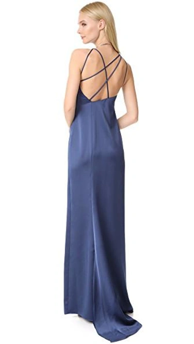 Shop Halston Heritage High Neck Satin Gown With Back Drape In Navy