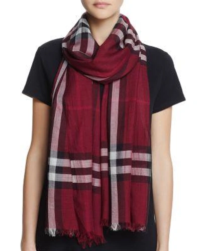 Shop Burberry Giant Check Wool & Silk Gauze Scarf In Plum