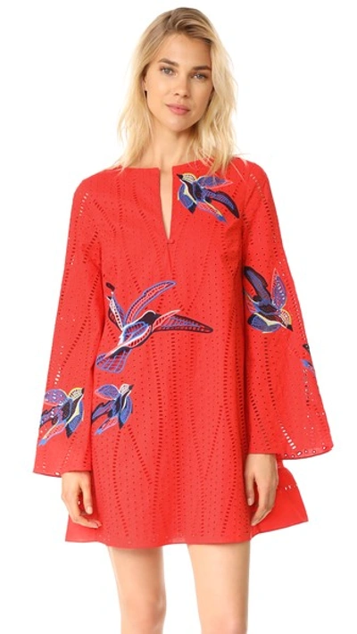 Tanya Taylor Bird Embroidered Jackie Dress In Red