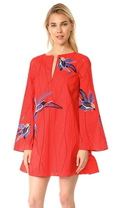 Shop Tanya Taylor Bird Embroidered Jackie Dress In Red