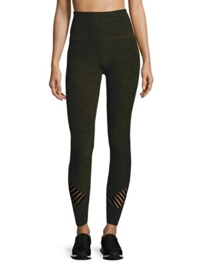 Beyond Yoga Stacked And Sliced High Waisted Midi Leggings In Black Aviator Green