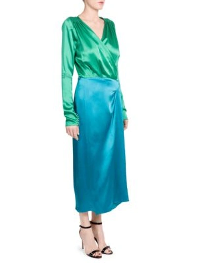 Shop Attico Two-toned Satin Dressing Gown Dress In Teal Green