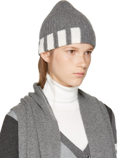 Shop Thom Browne Grey Rib Cashmere Four Bar Beanie