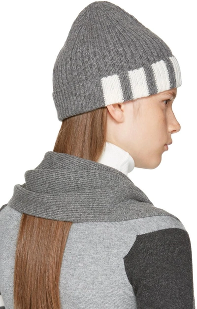 Shop Thom Browne Grey Rib Cashmere Four Bar Beanie