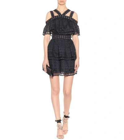 Shop Self-portrait Embroidered Tiered Lace Minidress In Eavy