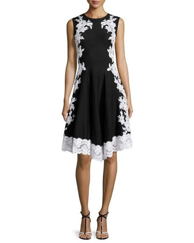 Oscar De La Renta Lace-applique Fit-and-flare Dress, Black/white In Black Pattern