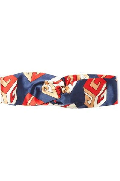 Shop Gucci Twisted Printed Silk-satin Headband In Navy