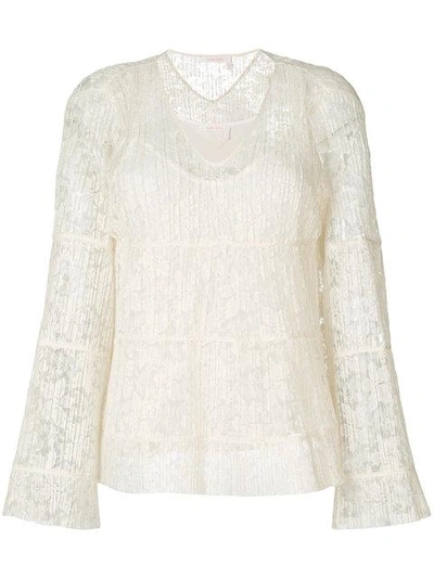 Shop See By Chloé 'pleated Lace V-neck' Bell Sleeve Blouse
