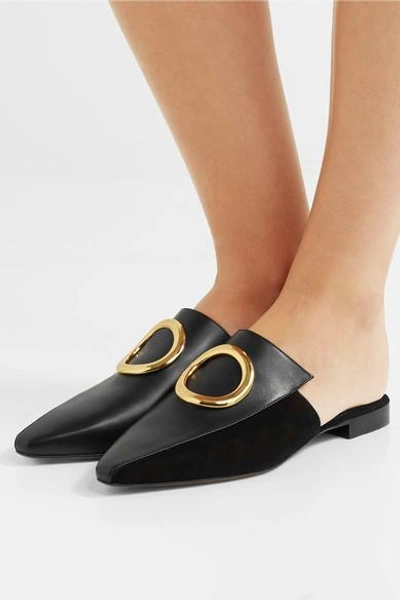 Shop Neous Embellished Leather And Suede Slippers In Black