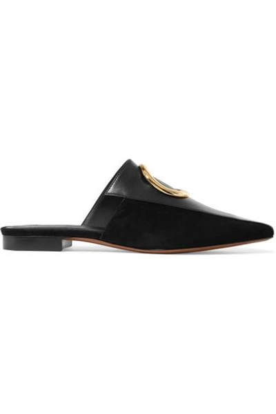Shop Neous Embellished Leather And Suede Slippers In Black