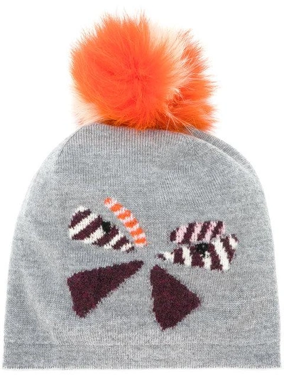 Fendi Butterflyeye Fur-pompom Wool Beanie Hat In Grey