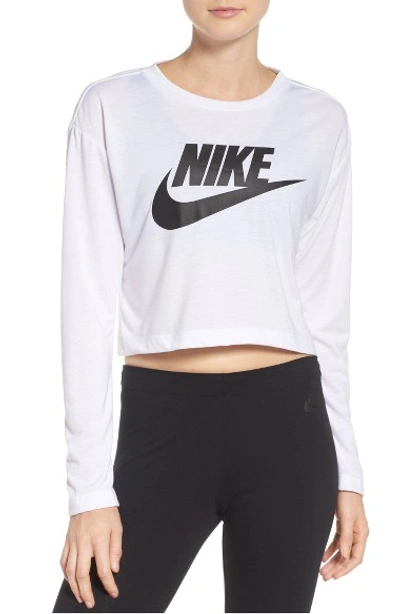 Nike Sportswear Essential Long Sleeve Cropped Top In White/ White/ Black