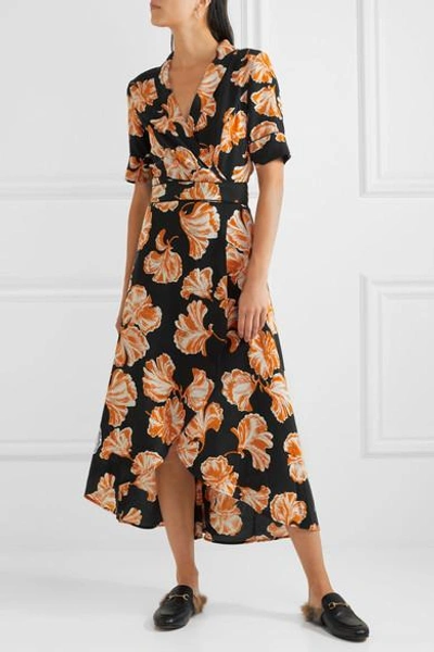 Ganni Geroux Floral-print Silk Crepe De Chine Wrap Dress In Llack | ModeSens