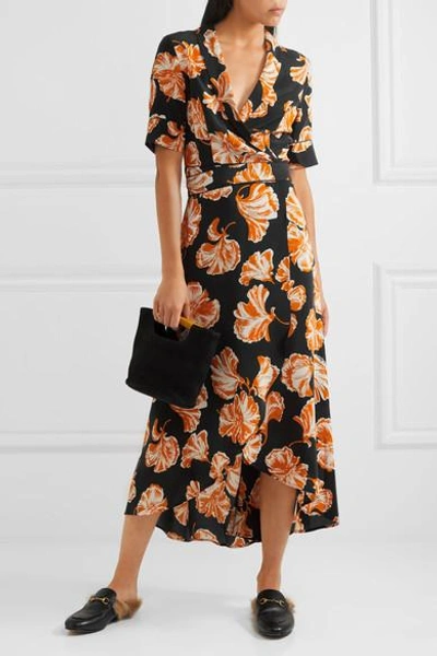 Shop Ganni Geroux Floral-print Silk Crepe De Chine Wrap Dress