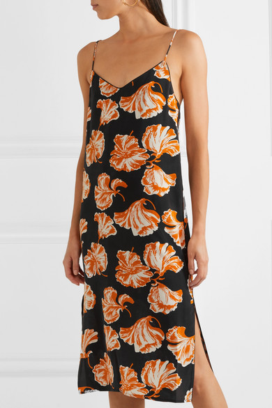 Ganni Geroux Floral-print Silk Crepe De Chine Midi Dress In Black | ModeSens