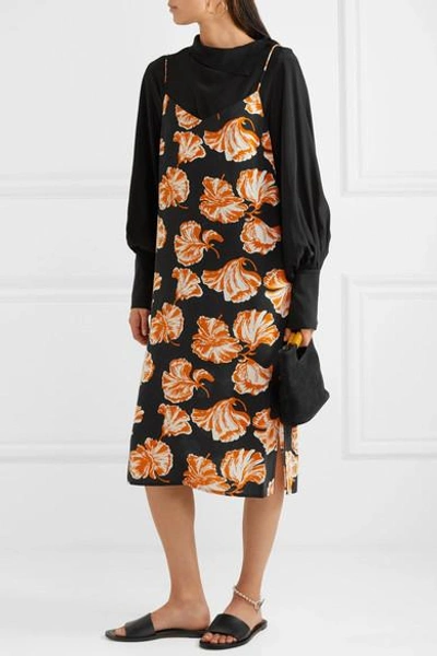 Shop Ganni Geroux Floral-print Silk Crepe De Chine Midi Dress In Orange