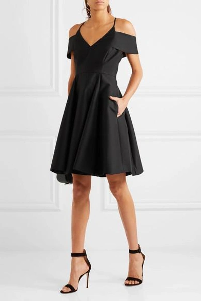 Shop Halston Heritage Cold-shoulder Cotton And Silk-blend Mini Dress In Black