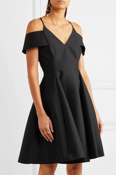Shop Halston Heritage Cold-shoulder Cotton And Silk-blend Mini Dress In Black