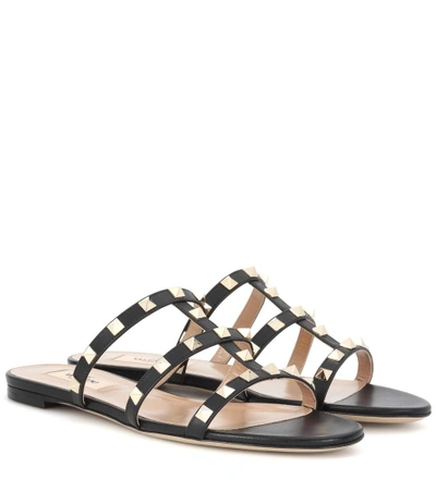 Valentino Garavani Black Calf Leather Bos Taurus Flat Sandals