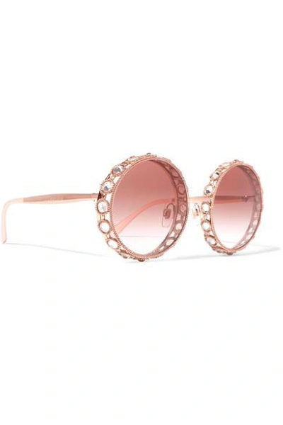 Shop Dolce & Gabbana Swarovski Crystal-embellished Round-frame Rose Gold-tone Sunglasses