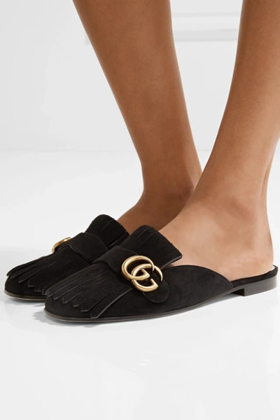 Shop Gucci Marmont Fringed Logo-embellished Suede Slippers In Black