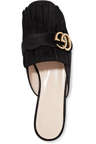 Shop Gucci Marmont Fringed Logo-embellished Suede Slippers In Black