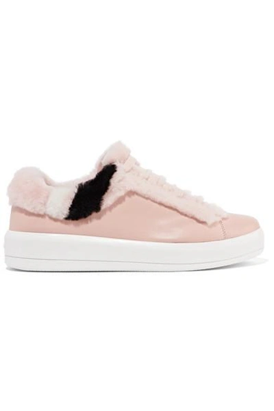 Shop Prada Shearling-trimmed Leather Sneakers In Blush