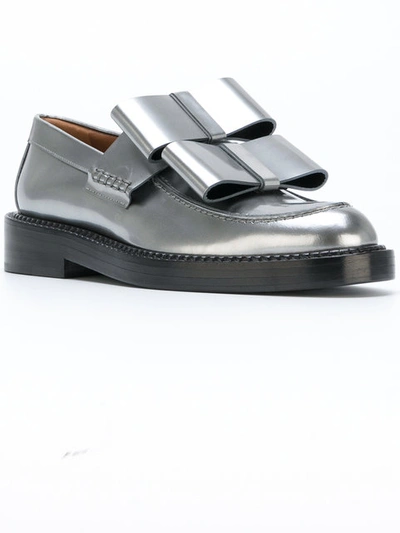 Marni Double Bow Metallic-leather Loafers In Pewter