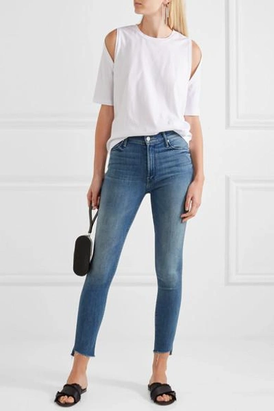 Shop Mother The Stunner Cropped Frayed Mid-rise Skinny Jeans In Mid Denim