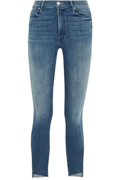 Shop Mother The Stunner Cropped Frayed Mid-rise Skinny Jeans In Mid Denim