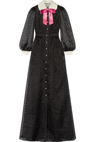 Shop Gucci Bow-embellished Flocked Silk-organza Gown In Black