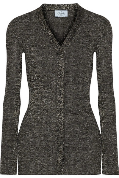 Prada Lurex Wool & Silk Rib Knit Cardigan In Black