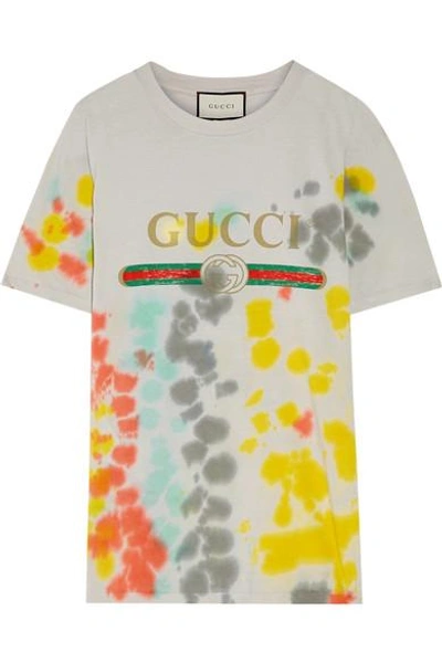 Shop Gucci Printed Tie-dyed Cotton-jersey T-shirt In Light Gray