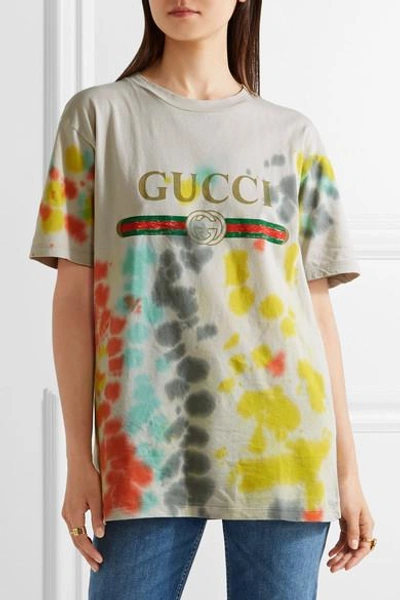 Shop Gucci Printed Tie-dyed Cotton-jersey T-shirt In Light Gray