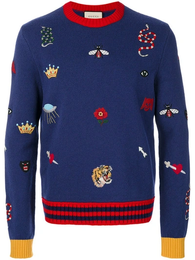Gucci Wool Sweater With Embroideries In Navy