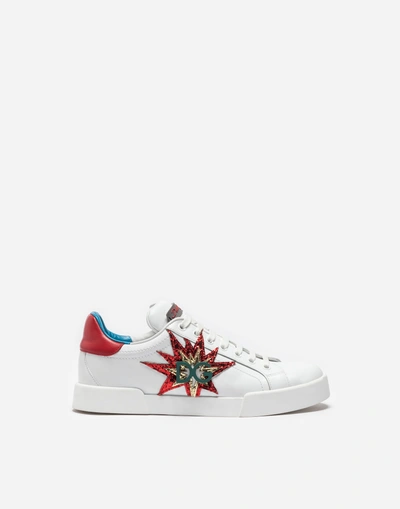 Shop Dolce & Gabbana Leather Portofino Sneakers With Patch In White