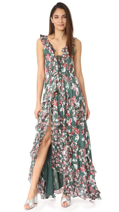Shop Tanya Taylor Floral Ikat Silk Stripe Oksana Dress In Hunter Green