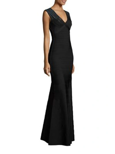 Shop Herve Leger Bettina Embellished Open-back Gown In Black Combo