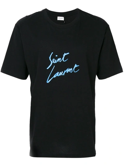 Saint Laurent Metallic Logo Cotton T-shirt, Black/blue In Noir/bleu Metalise|blu