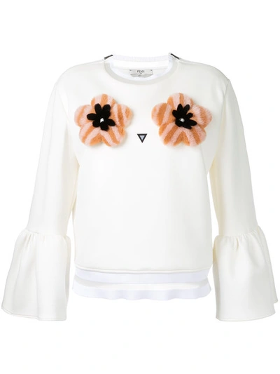 Fendi Bell-sleeve Sweatshirt With Mink Flower Appliqu&eacute;s, White