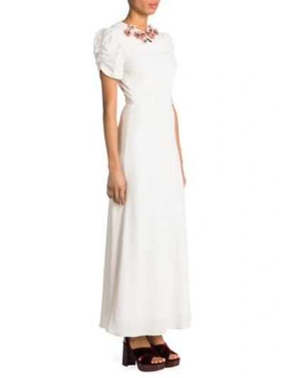 Miu Miu Floral-embellished Ruched-sleeve Maxi Dress, White In Ivory