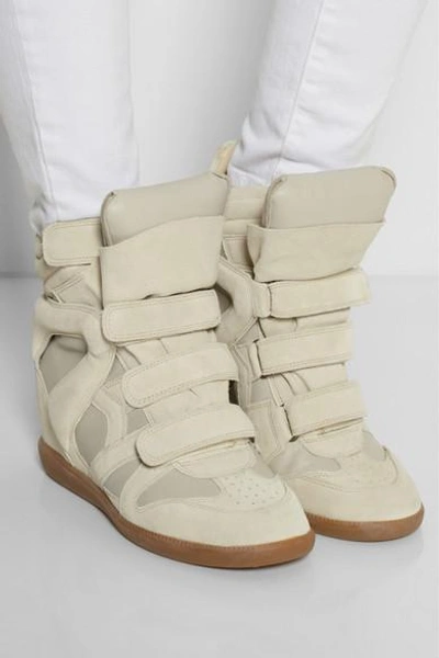 Shop Isabel Marant Burt Leather And Suede Concealed Wedge Sneakers In White