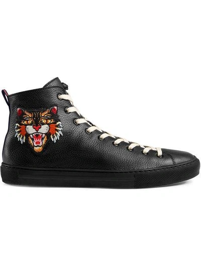 Shop Gucci Leather High-top With Appliqués In 1066 Nero