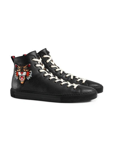 Shop Gucci Leather High-top With Appliqués In 1066 Nero