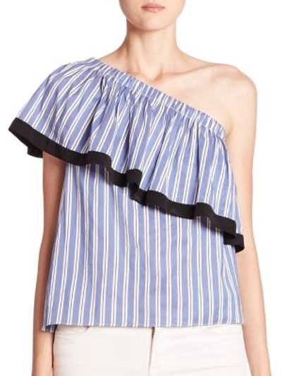 Shop Milly Cotton & Silk One-shoulder Striped Top In Blue