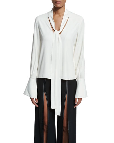 Alexis Diana Bell-sleeve Tie-neck Blouse, White