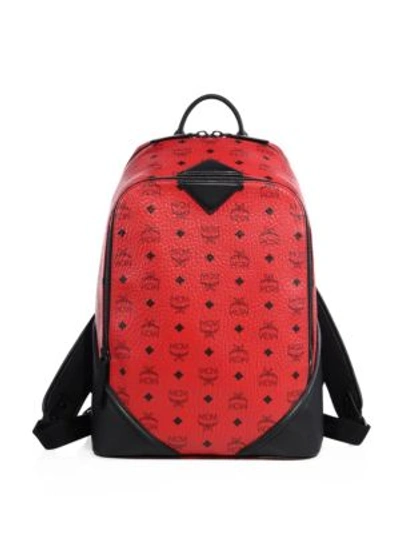 Shop Mcm Leather Trimmed Canvas Backpack In Ruby Red