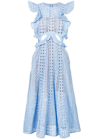 Self-portrait Cutout Guipure Lace And Broderie Anglaise Cotton Dress In Light Blue