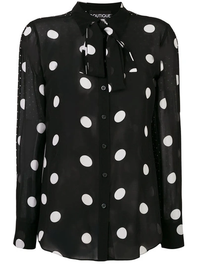 Boutique Moschino Long-sleeve Tie-neck Polka-dot Silk Blouse In Black
